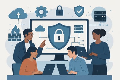 Illustration of professionals collaborating on IT security and infrastructure solutions Illustration of professionals collaborating on IT security and infrastructure solutions